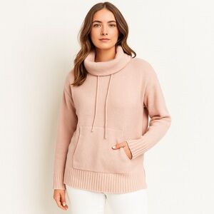 Pink Turtleneck Kangaroo Pocket Drawstring BohoChic Wool-Blend Sweater - Medium